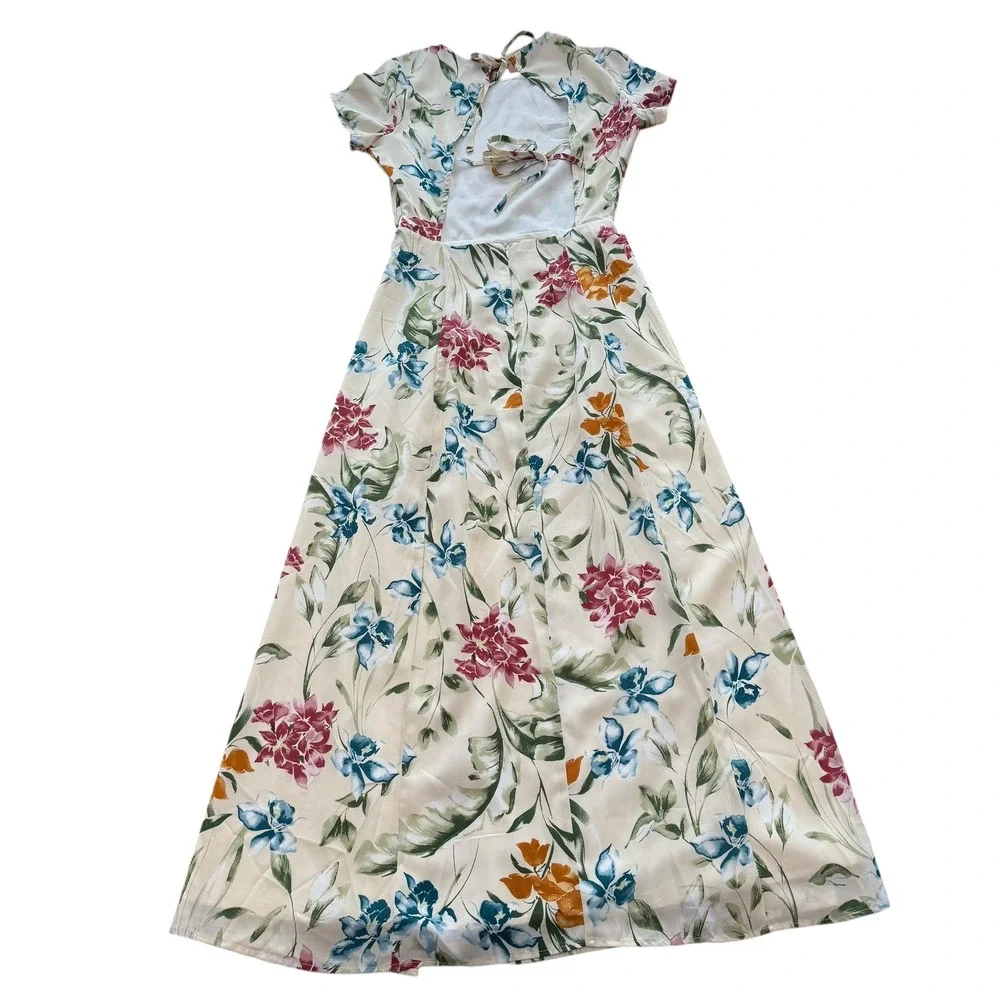 Lulus XS Floral Midi Dress Tie Back Slit‎ Tropical Summer Vacation